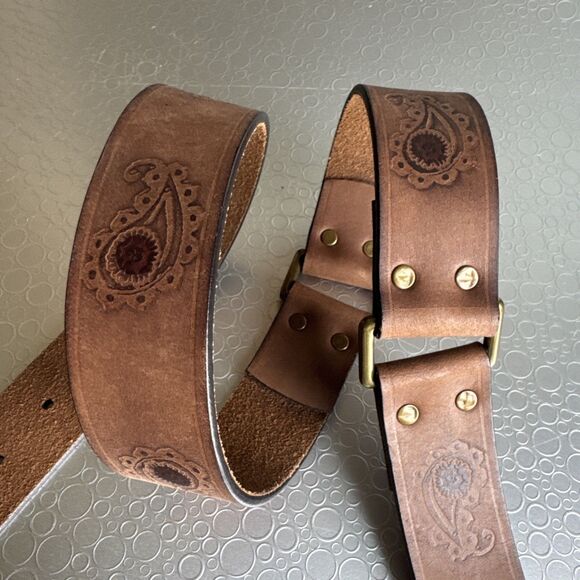 Lucky Brand Vintage Paisley Tooled Belt S Brown Leather Boho Western Cowgirl main image 7